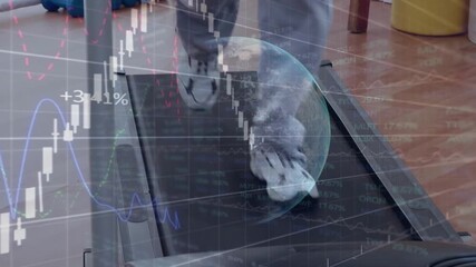 Treadmill driving feet stepping while stock graphs and percent labels fluctuating showing market