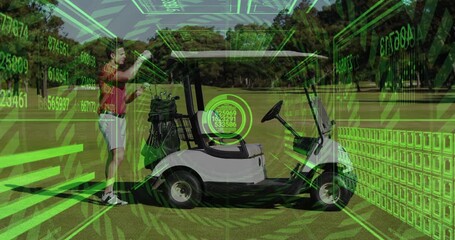 Male golfer adjusting cart dash, stepping out, selecting club while HUD aligning golf shot data - Powered by Adobe