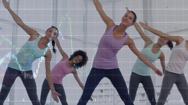 Coach signaling start, guiding five women doing side-bends for fitness while data chart fading in