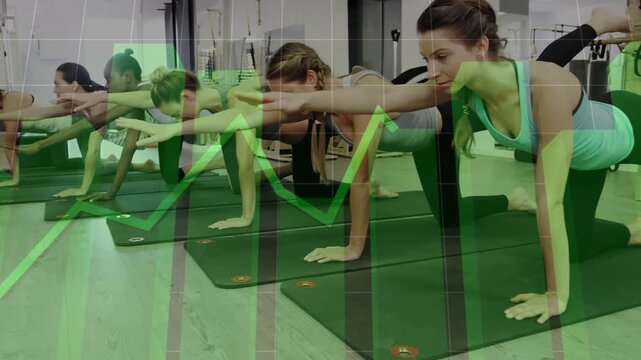 Seven women kneeling on exercise mats, green chart appearing and cueing syncing reaches for balance