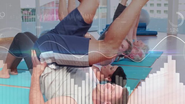Front man lifting hips holding partner aiding fitness leg raises, data overlay partly hiding group