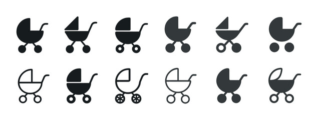 Collection of baby stroller icons in various styles and designs
