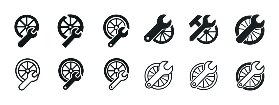 Bicycle repair icons: wheels and tools in black and white set