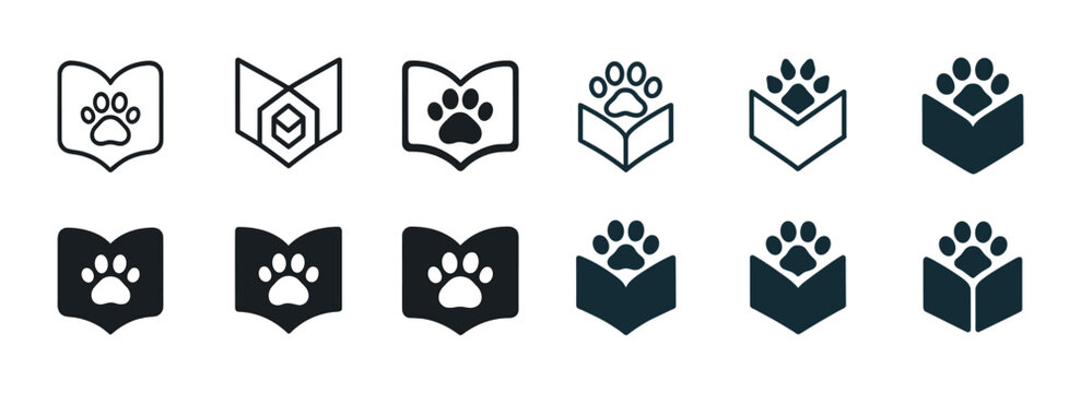 Set of paw print book icons in various styles for libraries or pet reading programs