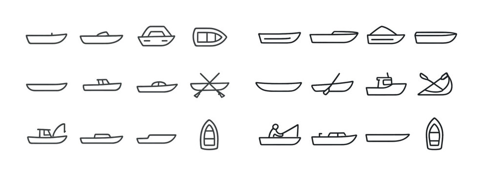 Minimalist boat icon set: various boat designs in simple line art