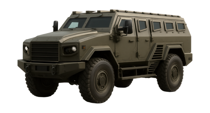 Armored troop carrier featuring a sturdy engine bay and side exhaust vents.