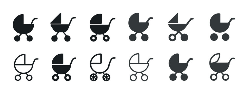 Collection of baby stroller icons in various styles and designs