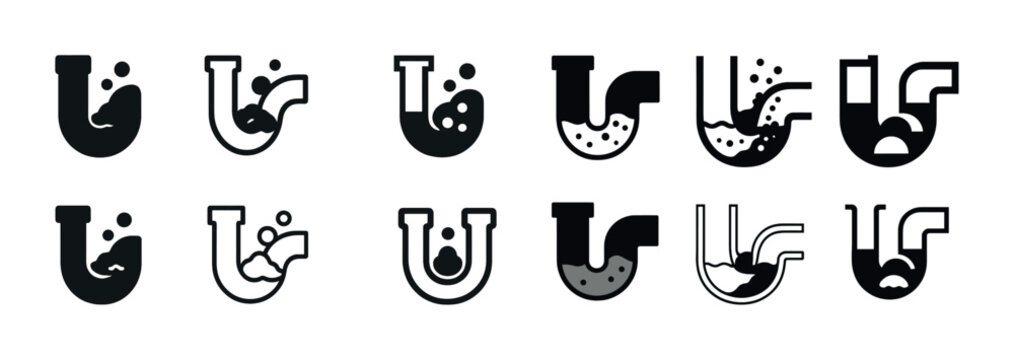 Set of 12 clogged pipe icons showing water and debris blockages