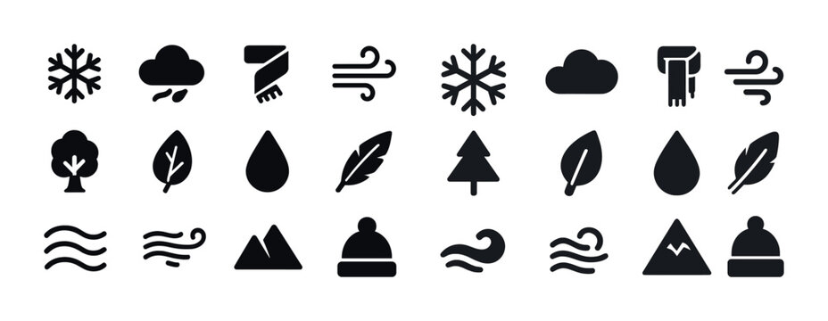Weather and nature icon set: wind, snowflake, rain, tree, mountain