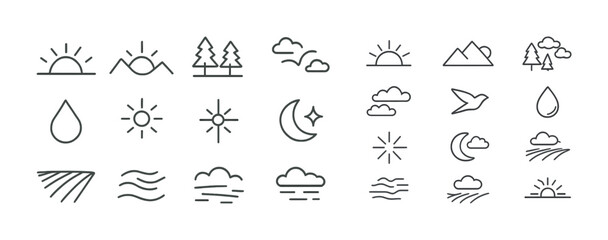 Naklejka premium Minimalistic weather and nature icon set featuring sun, moon, clouds, and trees