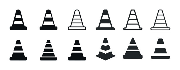 Traffic cone icons set: different styles and designs in black and white