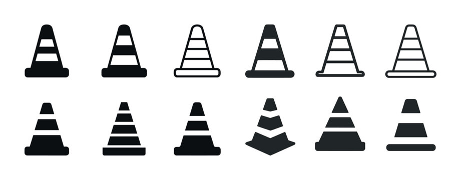 Traffic cone icons set: different styles and designs in black and white