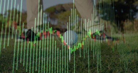 Golfer shifting weight, swinging club, golf ball flying, market overlay pulsing showing shot data - Powered by Adobe