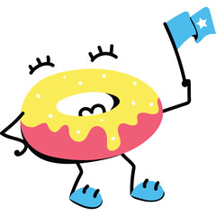 Whimsical Donut Character Holding a Light Blue Flag with a Star on a Transparent Background Expressing Joy and Celebration with Closed Eyes and a Playful Pose