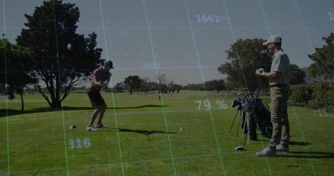 Golfer addressing ball, initiating backswing and striking shot on golf tee, grid updating analysis