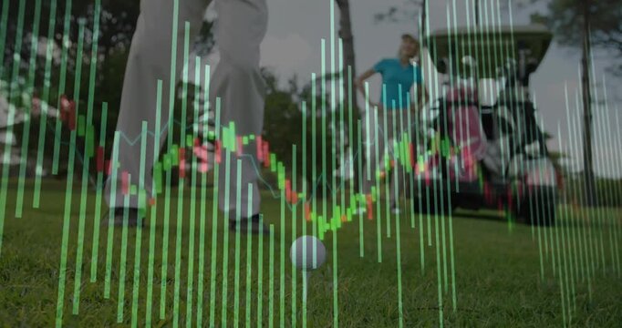 Mature female golfer shifting and swinging club at tee driving ball, golf data overlay showing bars - Powered by Adobe
