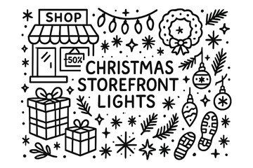 Festive Storefront Doodle. Christmas storefront lights. Hand-drawn doodle illustration of Christmas storefront