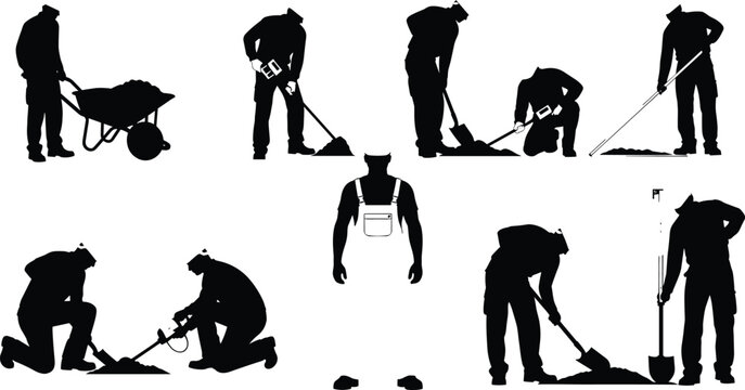 Set of construction worker silhouettes black vector collection of people using shovel and wheelbarrow for digging ground and manual labor isolated on white background