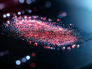 A glowing digital fingerprint made of red and blue particles against a dark, blurred background with bokeh lights.