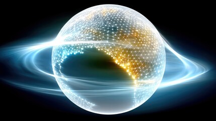 A glowing digital representation of the Earth, covered in a network of interconnected points and lines, with luminous blue rings encircling it against a dark ba