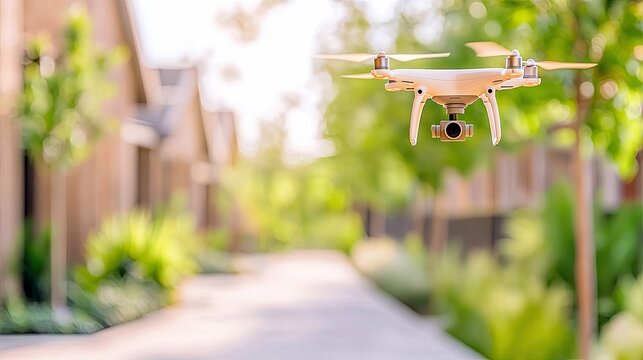 A white drone with a camera is captured mid-flight over a paved walkway lined with modern homes and lush greenery, bathed in warm, diffused sunlight.