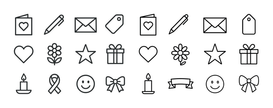 Set of 24 line art icons for valentine's day and celebration themes