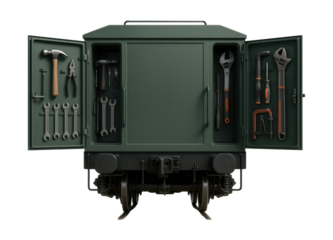 Workshop railcar featuring side access doors and built-in tool racks.