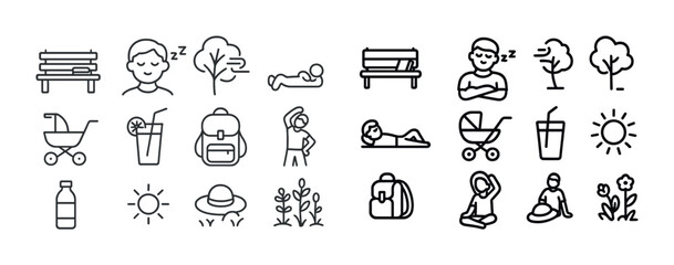 Naklejka premium Outdoor recreational activities: icons of relaxation, exercise, nature, and refreshments