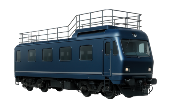 Inspection railcar featuring a raised observation deck and safety railings.