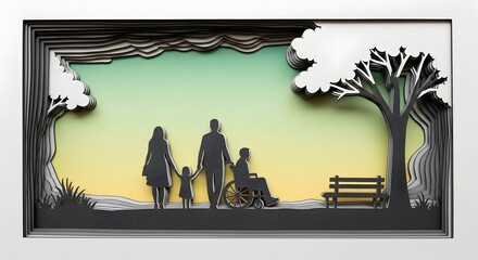Paper art illustration of a family walking in a park with a child in a wheelchair, representing inclusion and support.