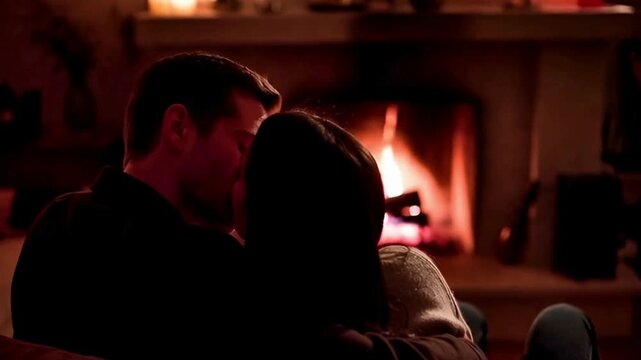 Couple enjoying quiet moment together by fireplace in cozy home at night embracing with soft light in warm scene with natural comforting glow