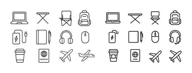 Travel essentials icons: laptop, backpack, passport, airplane, headphones