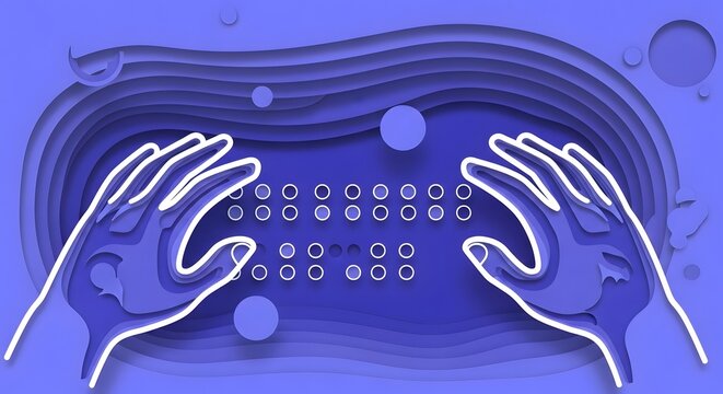 Abstract paper cut illustration of hands interacting with a tactile Braille-like digital interface on a layered purple background.