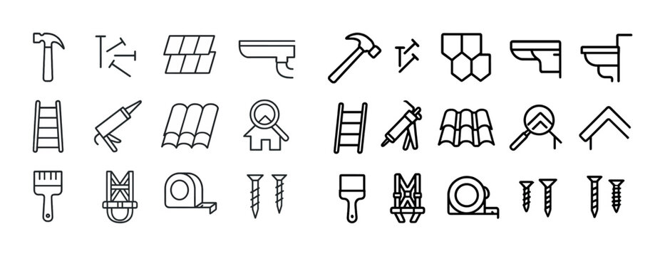 Linear construction icons: hammer, nails, ladder, paintbrush, roofing tools