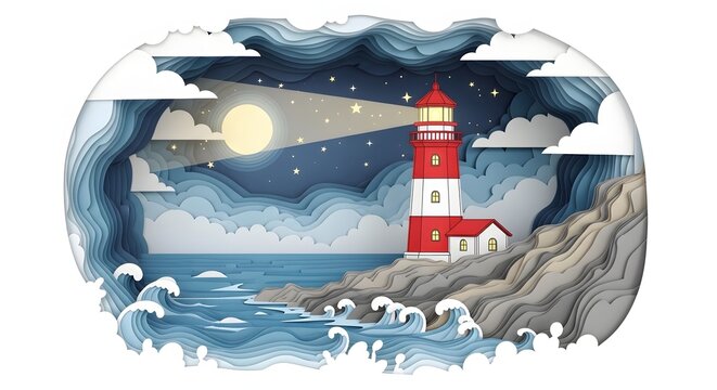 Artistic paper cut lighthouse illustration on a rocky coast at night with ocean waves, guiding light, and full moon.