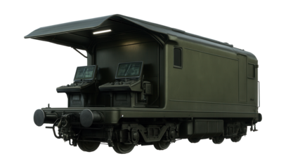 Mobile command railcar featuring a retractable awning and control stations.