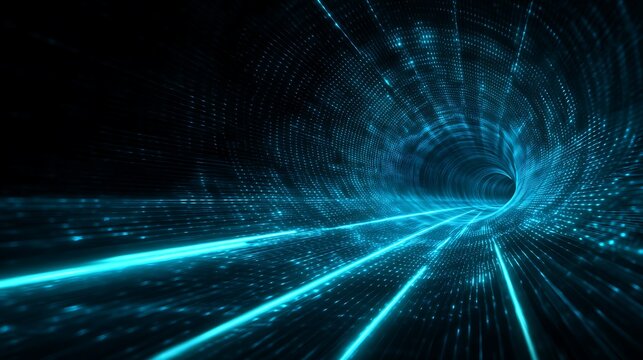 Abstract tunnel of encrypted quantum light streams, glowing cyan waves, next-gen data protection