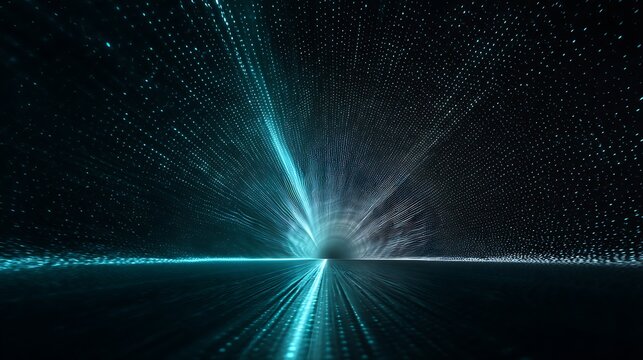 Abstract tunnel of encrypted quantum light streams, glowing cyan waves, next-gen data protection