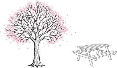 Vector illustration of a large blooming cherry tree with pink petals falling next to an empty wooden picnic table, symbolizing spring, nature, and outdoor leisure