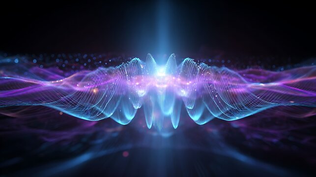 Layered quantum waves forming a protective holographic barrier, bright cyan and violet glow, ultramodern security