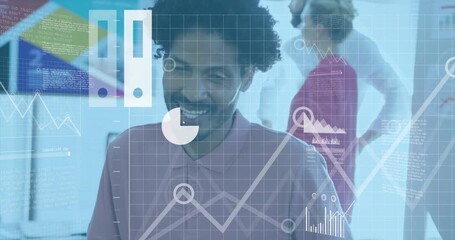 Seated analyst sketching, cloud charts layering over notes, team talking, reviewing business data - Powered by Adobe