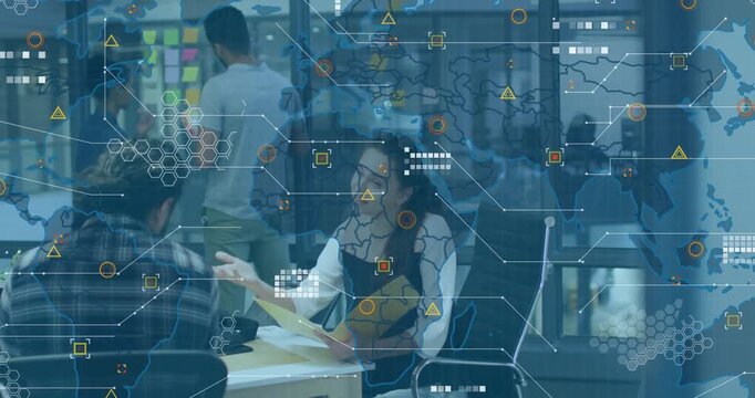 Seated woman flipping yellow folder sparking data overlay growing over team to show project network