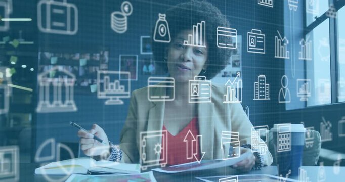 Female exec grabbing papers and annotating for finance review, with chart icons overlaying pages