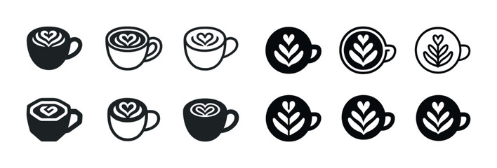 Minimalist coffee cup icons with heart and leaf latte art designs