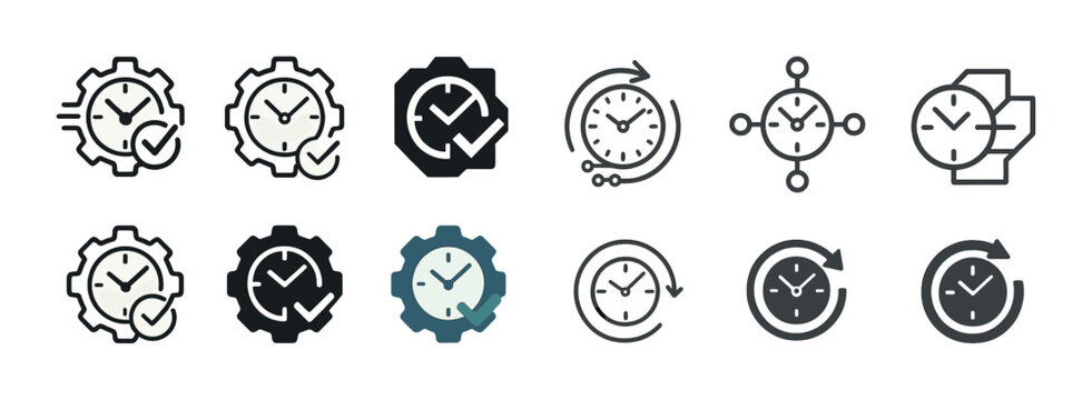 Set of gear clock icons: time management and scheduling symbols