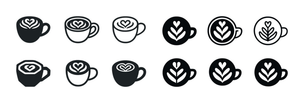 Minimalist coffee cup icons with heart and leaf latte art designs - Powered by Adobe
