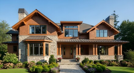 Luxurious modern home featuring a sophisticated blend of natural stone and warm wood exterior, set amidst meticulously landscaped gardens, reflecting refined architectural design