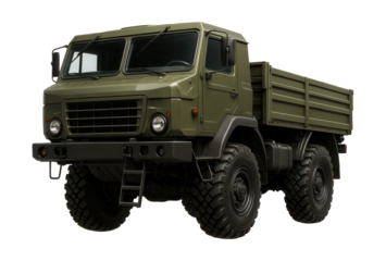 Two-axle military vehicle with high ground clearance and cab ladder access.