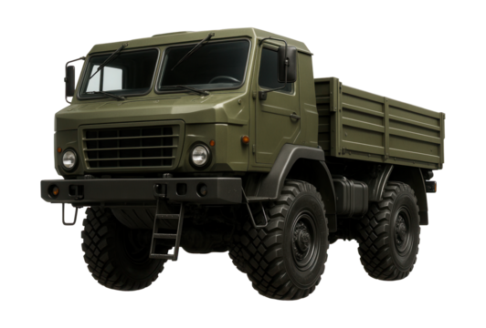 Two-axle military vehicle with high ground clearance and cab ladder access.