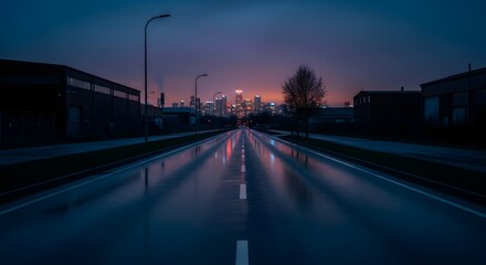 A long wet road at twilight leads to a glowing city skyline, bathed in atmospheric blue and purple hues, creating a moody and tranquil urban minimal scenery